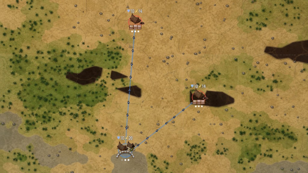 A painted top-down Stream Wars battlefield, streams of infantry moving between camps